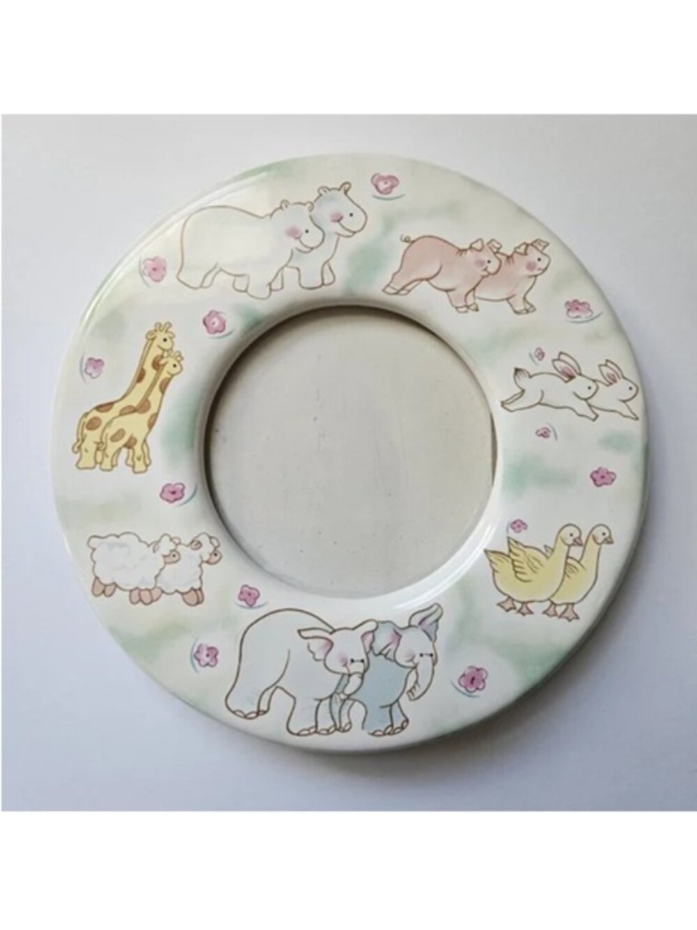 Vintage Russ Berrie Round Ceramic Picture Frame Nursery Decor Baptism gift goose